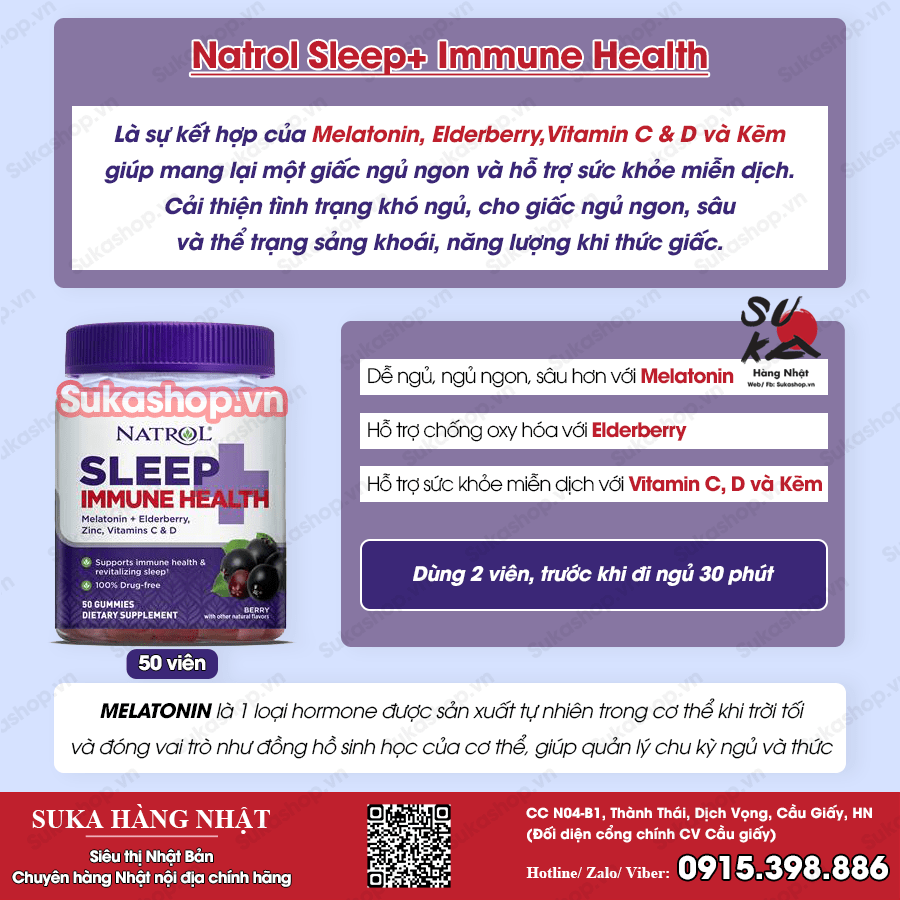 Kẹo dẻo ngủ ngon + Tăng cường đề kháng - Natrol Sleep+ Immune Health 